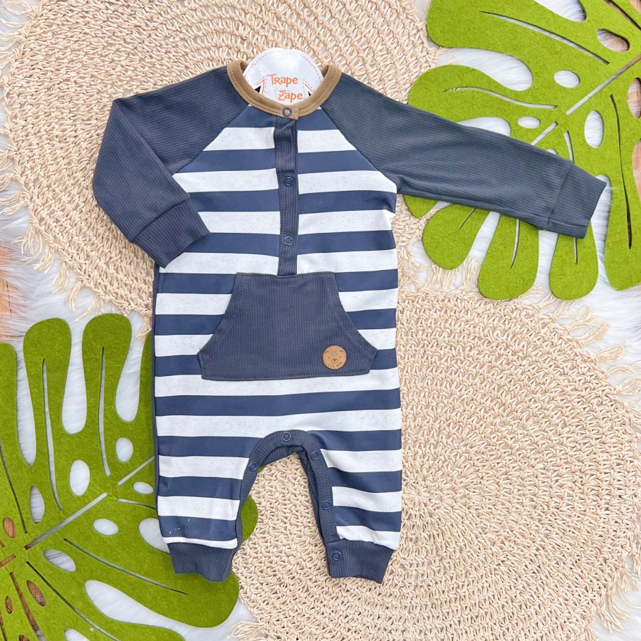 Macacão Canelado Listrado com Bolsinho - Cinza e Areia